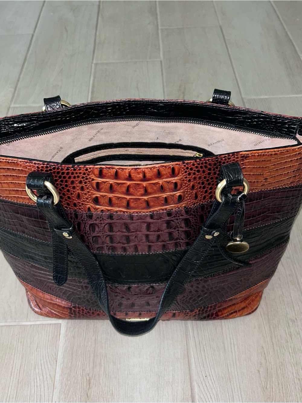 Brahmin Croc-Embossed Patchwork Tote in Brown, Black and Burgundy